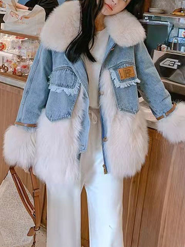 Airchics mi-longue parka jean avec poches col de fourrure ceinture femme mode